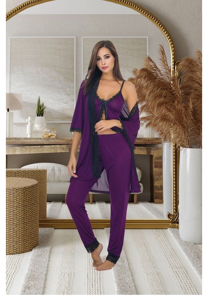 Kadın Mor Askılı Pijama ve Sabahlık Takımı 3 Parça Alt Üst Gecelik Takım - SB-5012 fiyatları