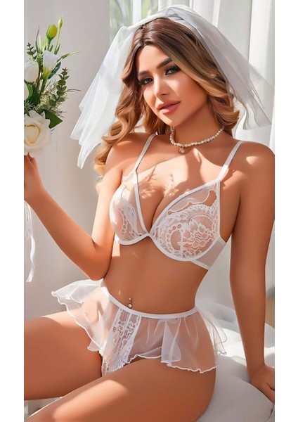 Sialess Lingerie Kadın Beyaz Gelin  Sütyen Külot Takımı Dantelli Iç Çamaşır Takımı Duvak Aksesuarlı Iç Çamaşır - R-2123