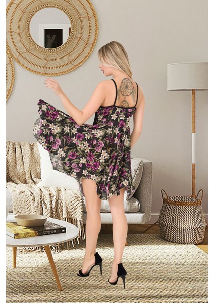 Kadın Çiçek Desen Dantel Detaylı Askılı Pijama Gecelik Mini Etekli Gecelik - F-3001 fiyatları