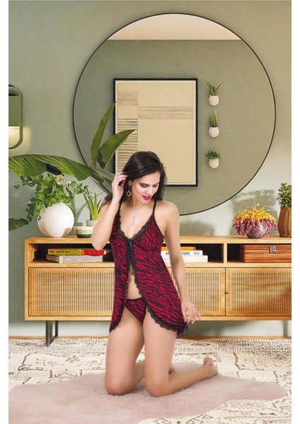 Sialess Lingerie Kadın Bordo Zebra Desen 2 Parça Askılı  Gecelik Takımı Günlük Gecelik - T-1006