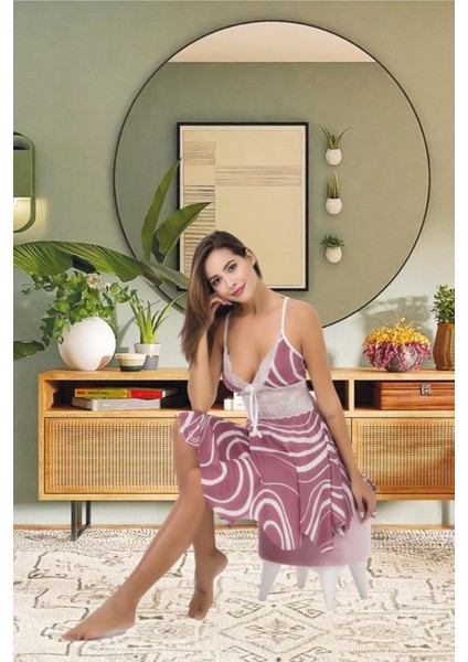 Kadın Lila Dantel Detaylı Çizgi Desenli Askılı Pijama Gecelik Mini Etekli Gecelik - F-3008 fiyatları
