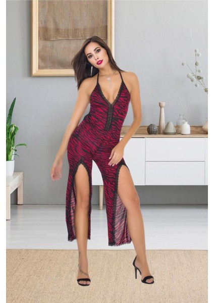 Qvien Secret Kadın Zebra Desen Bordo  Dantelli Askılı Tulum Gecelik Pijama Gecelik - G-5029