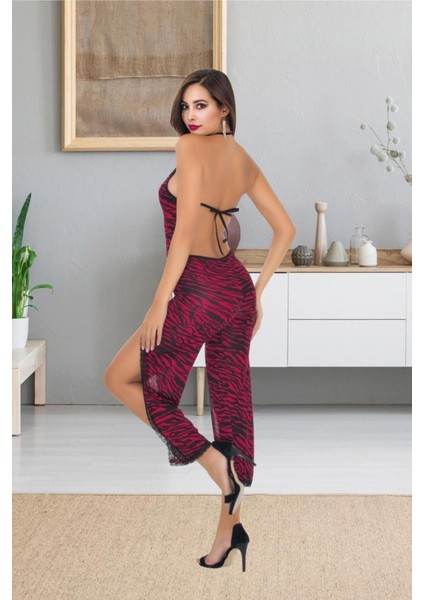 Qvien Secret Kadın Zebra Desen Bordo  Dantelli Askılı Tulum Gecelik Pijama Gecelik - G-5029