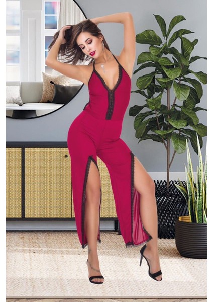 Kadın Bordo Askılı Dantel Detaylı Yırtmaçlı Tulum Pijama Gecelik Gecelik - G-5031