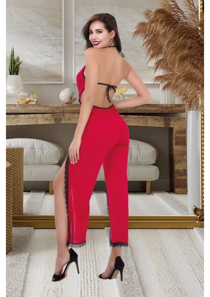 Kadın Bordo Askılı Dantel Detaylı Yırtmaçlı Tulum Pijama Gecelik Gecelik - G-5031