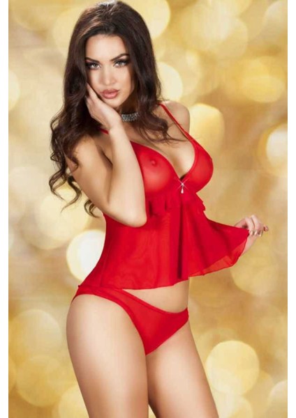 Likralı Tül Kırmızı Gecelik - G-5032