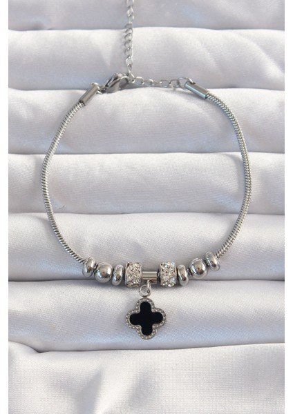 316L Çelik Gümüş Renk Zirkon Taş Aksesuarlı Siyah Mineli Yonca Bileklik