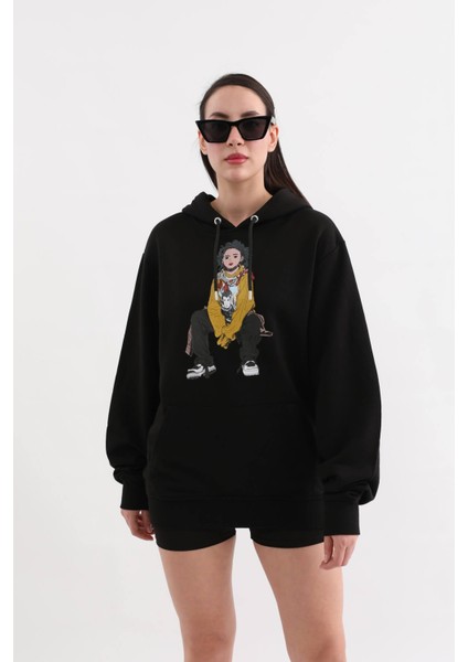 Siyah Baskılı Kapüşonlu Oversize Sweatshirt M