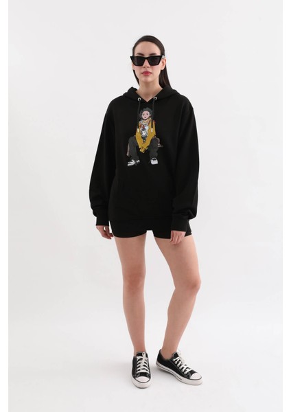 Siyah Baskılı Kapüşonlu Oversize Sweatshirt M