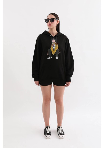 Siyah Baskılı Kapüşonlu Oversize Sweatshirt M