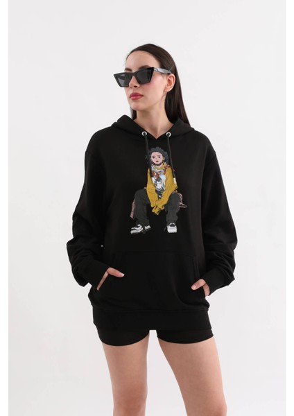 Siyah Baskılı Kapüşonlu Oversize Sweatshirt M