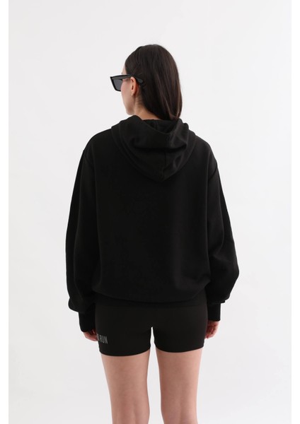 Siyah Baskılı Kapüşonlu Oversize Sweatshirt M