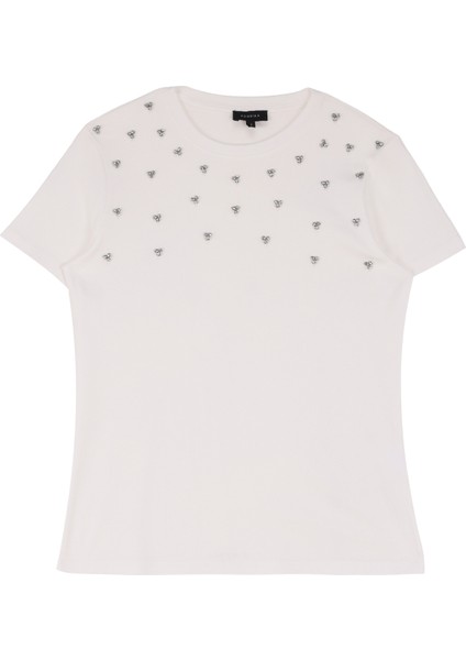 Bisiklet Yaka Taşlı Kırık Beyaz Kadın T-Shirt FC4WL-TST0515