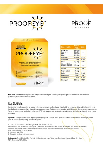 Proofeye Lutein, Zeaksantin, Resveratrol ,omega3 Takviye Edici Gıda 30 Kapsül indirimleri