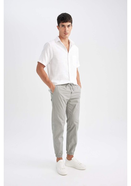 %100 Pamuk Yazlık Jogger Pantolon Basic Düz Beli Bağcıklı Cepli Lastikli Paça D7782AX24AU