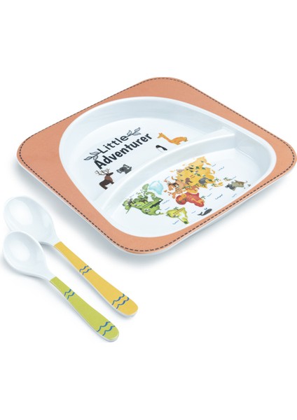 Baby Plus Little Adventurer Melamin Kare Bölmeli Mama Tabağı Seti (2 Kaşıklı)