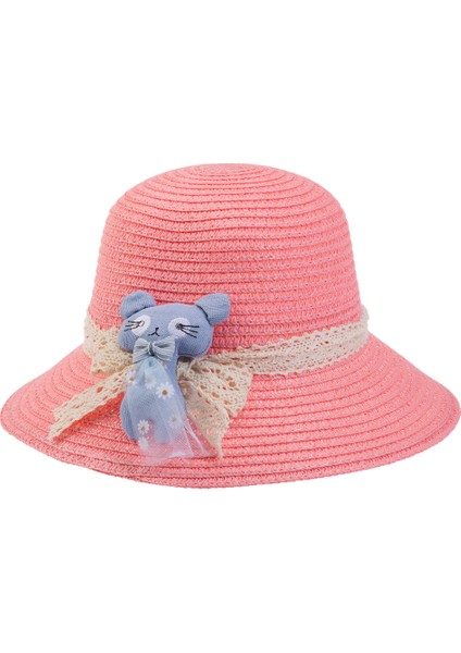 Arıcı Store Kedi Modelli Şeker Pembe Renk 1-4 Yaş Bebek ve Çocuk Hasır Şapka