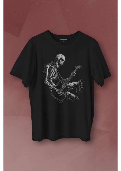 Unisex T-Shirt Skeleton Playing Guitar Heavy Metal Skull Iskelet Gitar Rock Siyah Baskılı T-Shirt