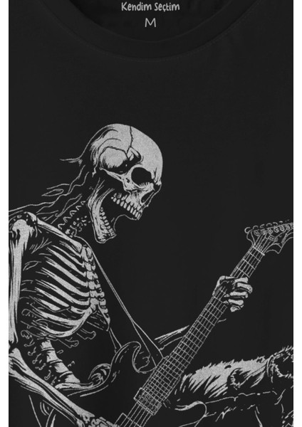 Unisex T-Shirt Skeleton Playing Guitar Heavy Metal Skull Iskelet Gitar Rock Siyah Baskılı T-Shirt fiyatları
