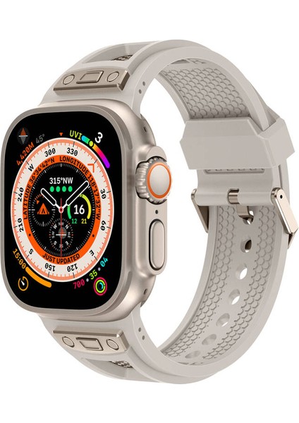Apple Watch Ultra 49MM KRD-117 Hava Alabilen Delikli Metal Süslemeli Desenli Silikon Kordon