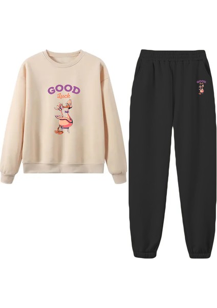 Eşofman Takımı Oversize Good Luck Baskılı Eşofman Takımı,sevgili,çift Kombini Bej fiyatları