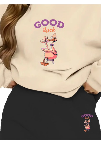 Eşofman Takımı Oversize Good Luck Baskılı Eşofman Takımı,sevgili,çift Kombini Bej fırsatları