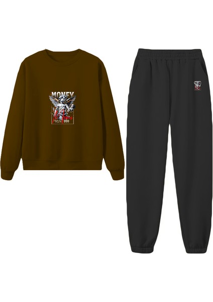 Eşofman Takımı Oversize Monster Baskılı Eşofman Takımı,sevgili,çift Kombini Kahverengi modelleri