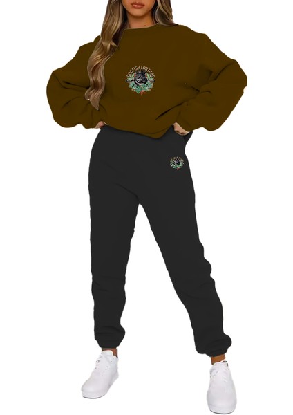 Eşofman Takımı Oversize Felinefortune Baskılı Eşofman Takımı,sevgili,çift Kombini Kahverengi