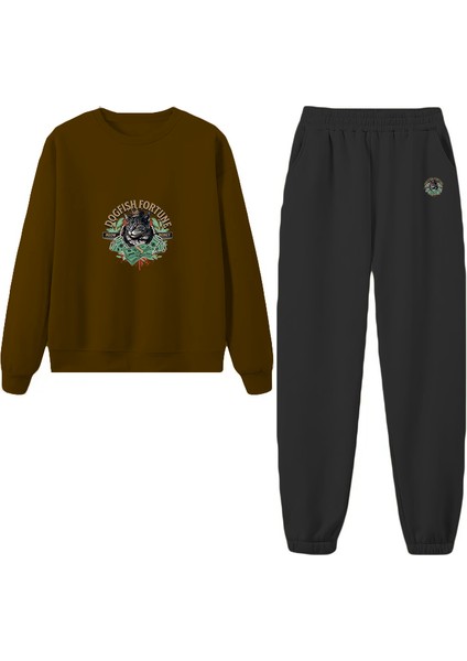 Eşofman Takımı Oversize Felinefortune Baskılı Eşofman Takımı,sevgili,çift Kombini Kahverengi fırsatları