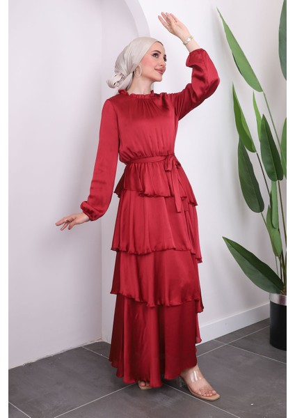 Bordo Kol Lastikli Bel Büzgülü Volanlı Elbise
