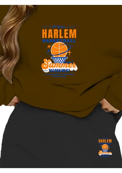 Eşofman Takımı Oversize Harlem Basketball Tournament College Baskılı Eşofman Takımı,sevgili,çift Kombini Kahverengi