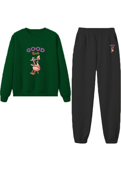 Eşofman Takımı Oversize Good Luck Baskılı Eşofman Takımı,sevgili,çift Kombini Yeşil