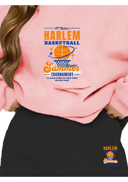 Eşofman Takımı Oversize Harlem Basketball Tournament College Baskılı Eşofman Takımı,sevgili,çift Kombini Pembe