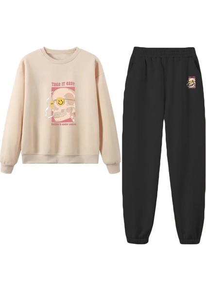 Eşofman Takımı Oversize Telepathy Baskılı Eşofman Takımı,sevgili,çift Kombini Bej