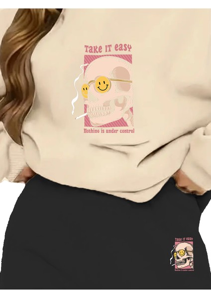 Eşofman Takımı Oversize Telepathy Baskılı Eşofman Takımı,sevgili,çift Kombini Bej modelleri