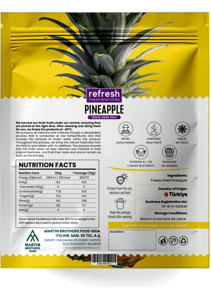 Refresh Chips Freeze Dried Ananas - Dondurularak Kurutulmuş Meyve - Freeze Dry Meyve Kurusu 30GR