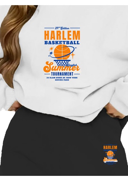 Eşofman Takımı Oversize Harlem Basketball Tournament College Baskılı Eşofman Takımı,sevgili,çift Kombini Beyaz