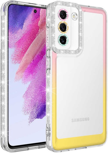 Samsung Galaxy S21 Fe Kılıf Simli ve Renk Geçiş Tasarımlı Lens Korumalı Park Kapak - Pembe - Sarı