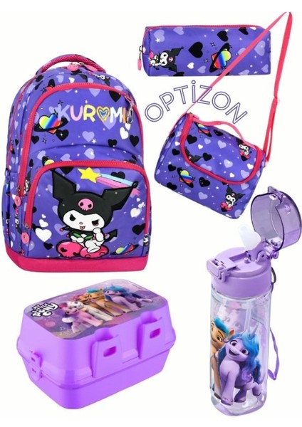 Kuromi Desenli Beşli Çocuk İlkokul Okul Çantası - Termal Beslenme Seti - Kalemlik - Suluk