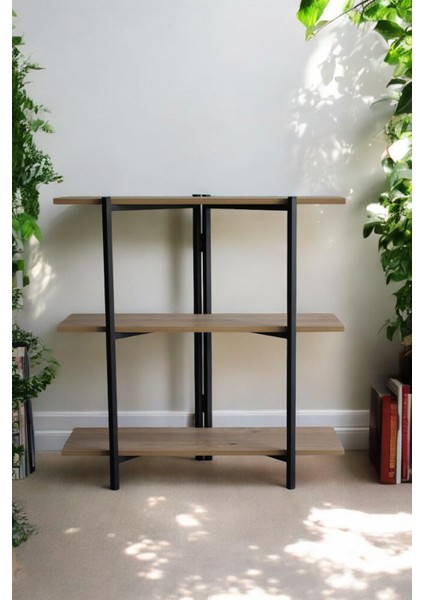 Armony Serisi, Dekoratif 3 Raflı Metal Çiçeklik Saksı Standı Saksılık, Çok Amaçlı Raf, Meşe