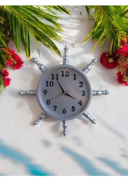 Gümüş Renkli Ahşap Dümen Duvar Saati Çap 37 Cm