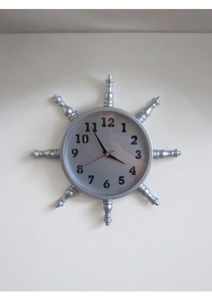 Gümüş Renkli Ahşap Dümen Duvar Saati Çap 37 Cm fiyatları