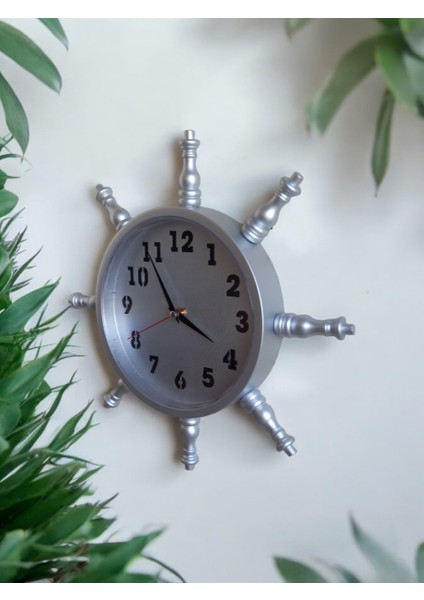 Gümüş Renkli Ahşap Dümen Duvar Saati Çap 37 Cm modelleri