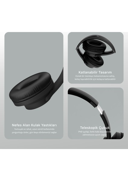 Soundcraft Bh2 Katlanabilir Hoparlör Özellikli Eq Mod Tf Kart Girişli 40MM Sürücü Kablosuz Bluetooth 5.3 Kulaküstü Kulaklık Siyah