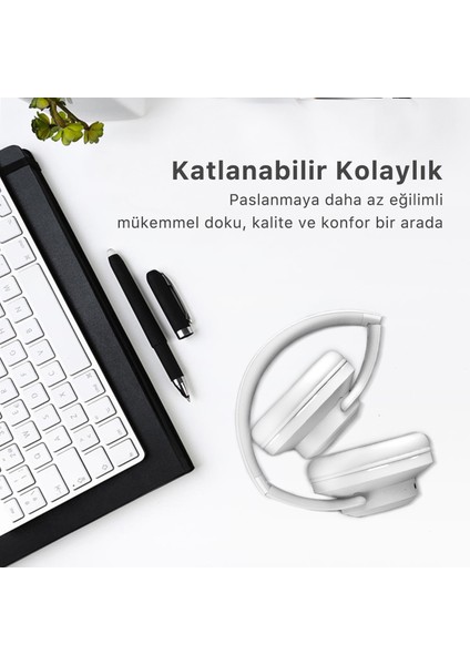 Soundcraft Bh2 Katlanabilir Hoparlör Özellikli Eq Mod Tf Kart Girişli 40MM Sürücü Kablosuz Bluetooth 5.3 Kulaküstü Kulaklık beyaz
