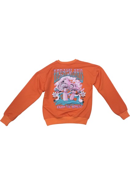 Kız Çocuk Dreamland Yazı Desenli Arkası Yazı Resim Baskılı Turuncu Renk Sweatshirt