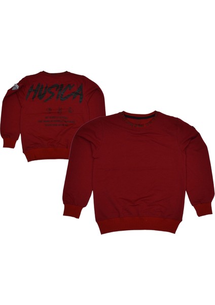 Erkek Çocuk Sırtı Husica Yazı Desenli Yakası Yazılı Bordo Renk Sweatshirt
