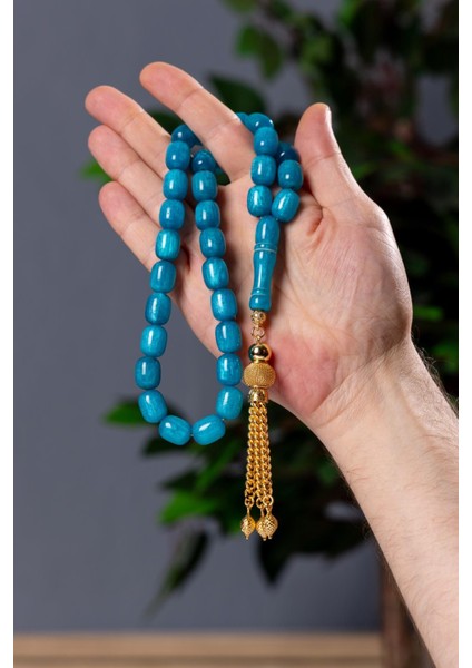 Özel Püsküllü Iri Boy Deniz Mavisi Toz Kehribar Tesbih