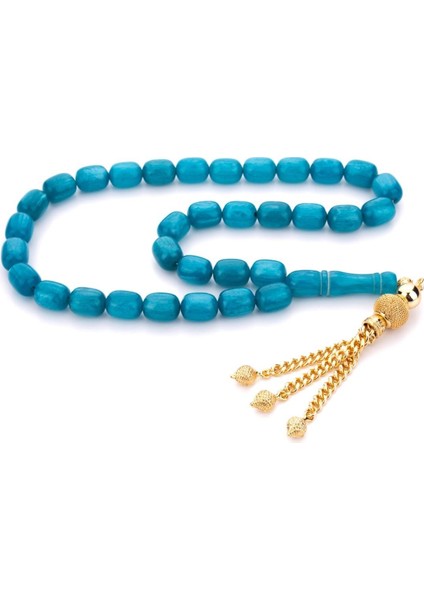 Özel Püsküllü Iri Boy Deniz Mavisi Toz Kehribar Tesbih fiyatları