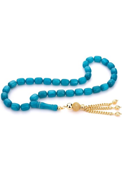 Özel Püsküllü Iri Boy Deniz Mavisi Toz Kehribar Tesbih modelleri